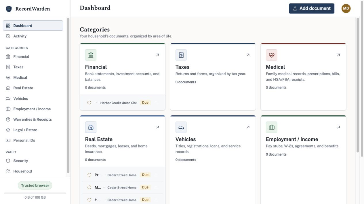 RecordWarden household dashboard showing categories and records
